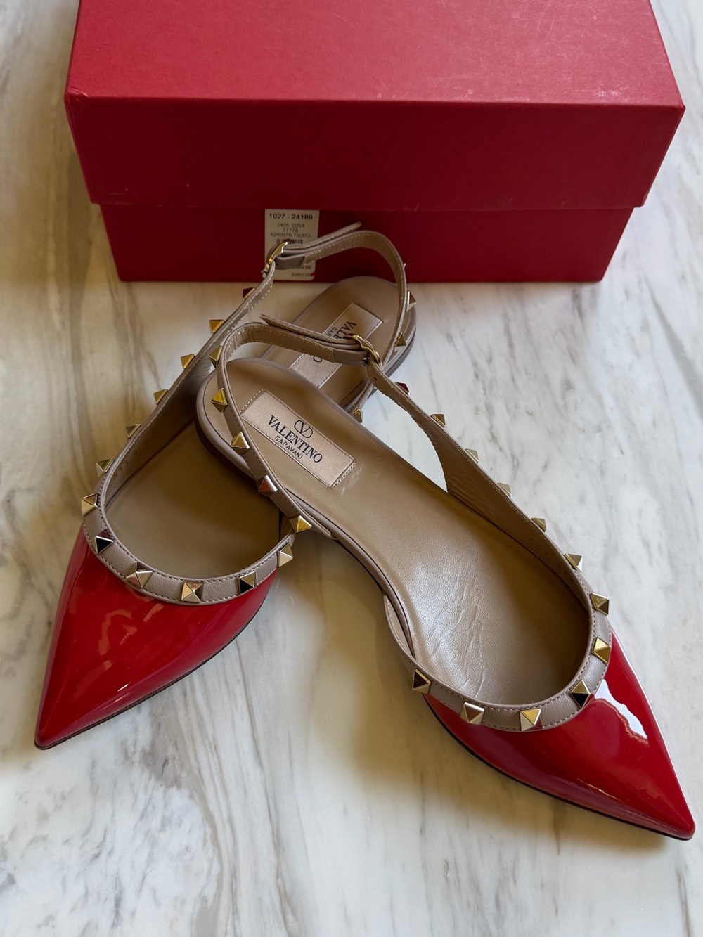Valentino Red Patent Leather Pointed Slingback Flats with Stud Trim